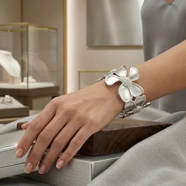 Floral Leaf Pattern Bracelet for Women | Stylish Adjustable Kada | Elegant Daily Wear Jewelry for Girls & Women – Silver
