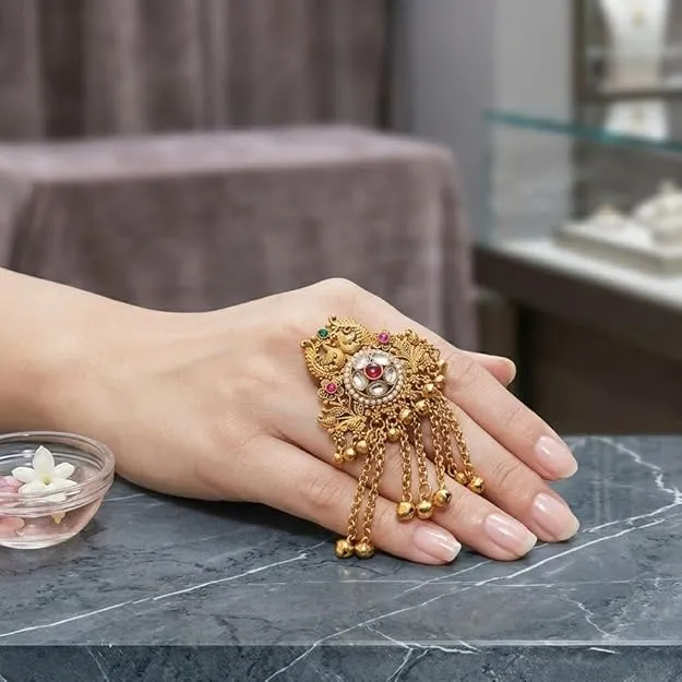 Kashmiri Ring Gold Plated Peacock Design Kundan Statement Ring for Women | Adjustable Finger Ring with Chain Tassels | Available in Multicolor Stones