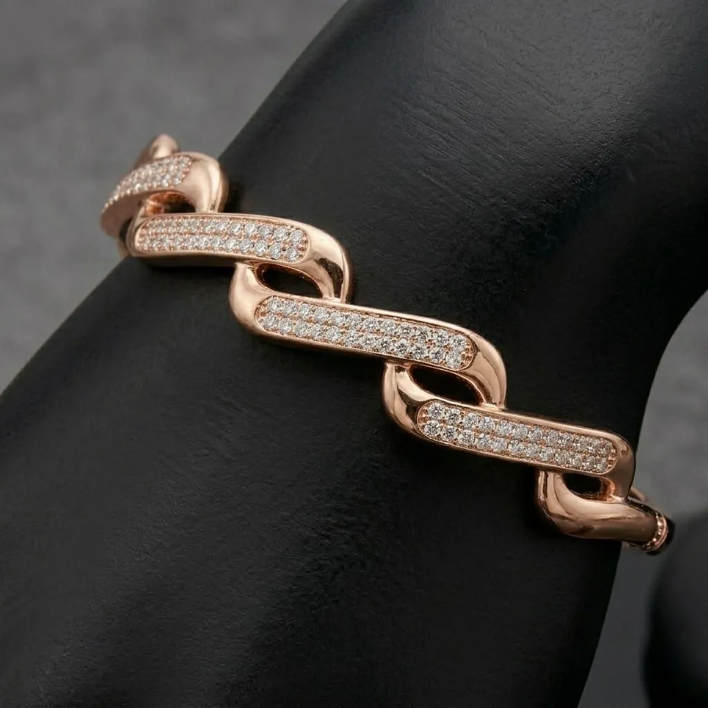 Rose Gold Plated American Diamond Chain Link Kada Bracelet for Women | Luxury Crystal Openable Bangle Bracelet | Adjustable Stylish Jewellery for Girls & Women